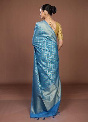 Blue Kora Silk Saree With Blouse Piece