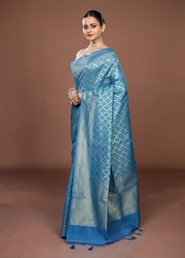 Blue Kora Silk Saree With Blouse Piece