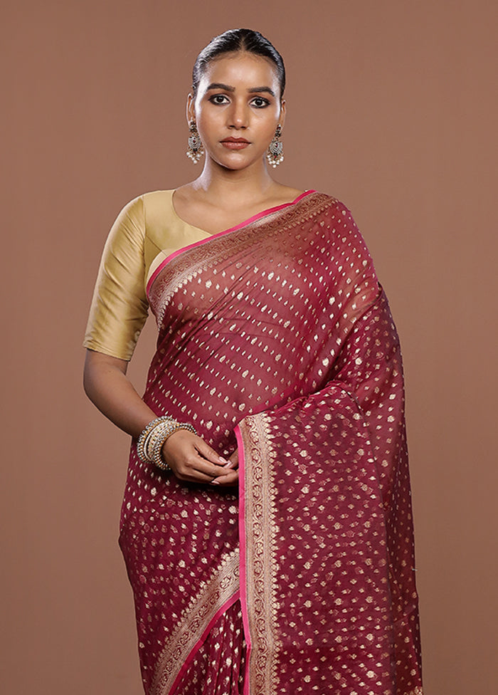 Maroon Kora Silk Saree With Blouse Piece