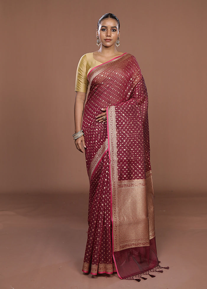 Maroon Kora Silk Saree With Blouse Piece