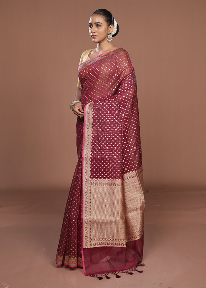 Maroon Kora Silk Saree With Blouse Piece