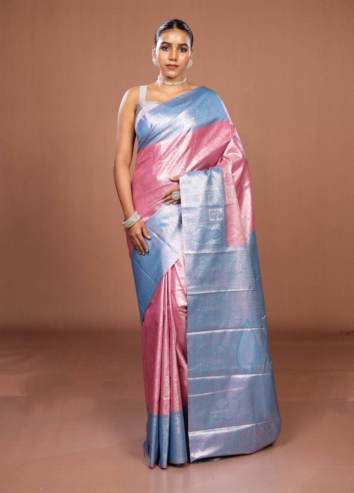 Pink Kanjivaram Silk Saree With Blouse Piece