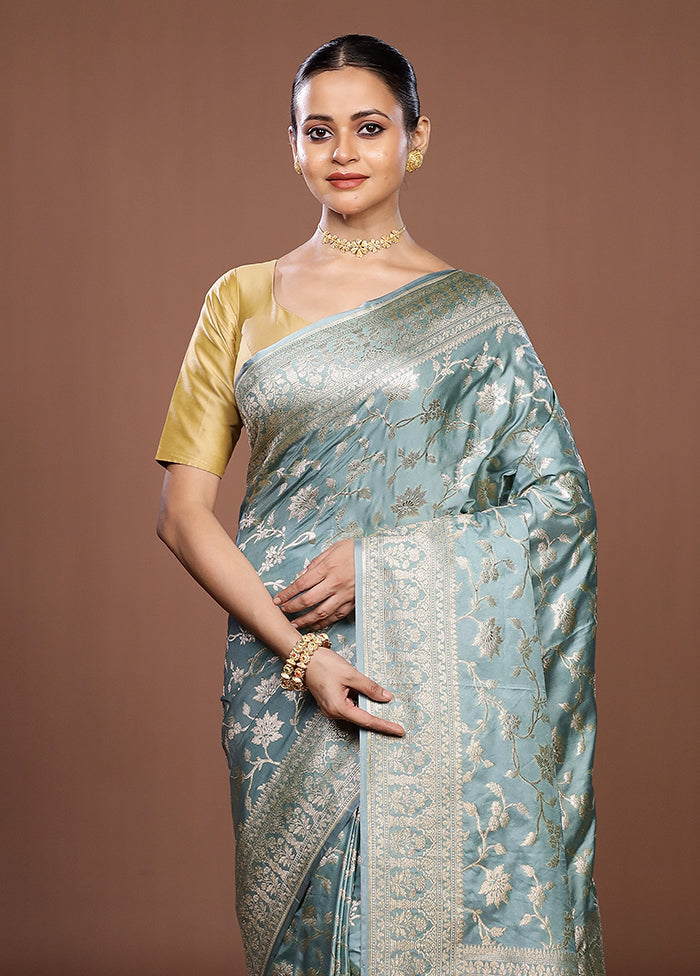 Blue Dupion Silk Saree With Blouse Piece