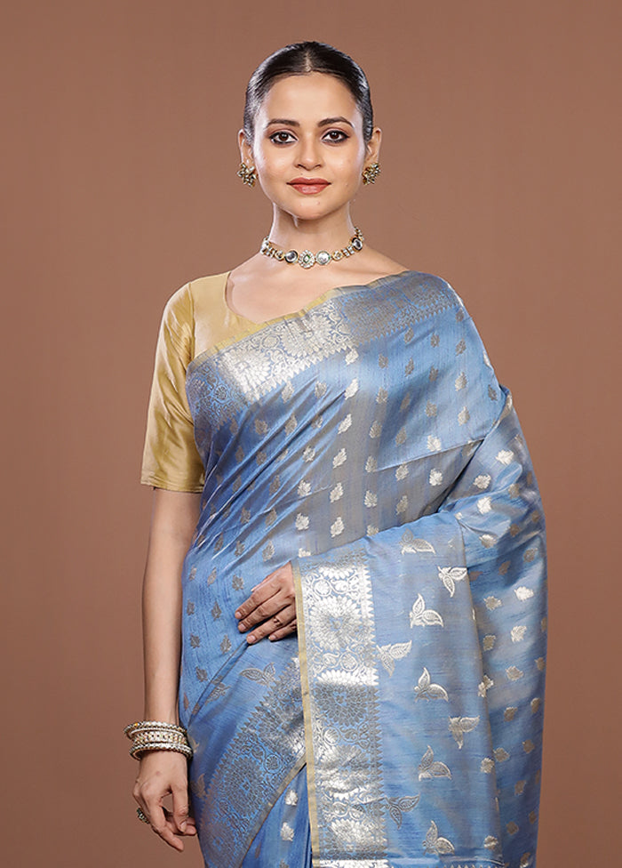 Blue Dupion Silk Saree With Blouse Piece