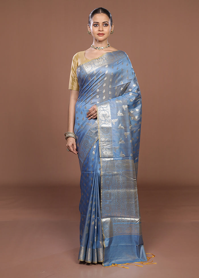 Blue Dupion Silk Saree With Blouse Piece