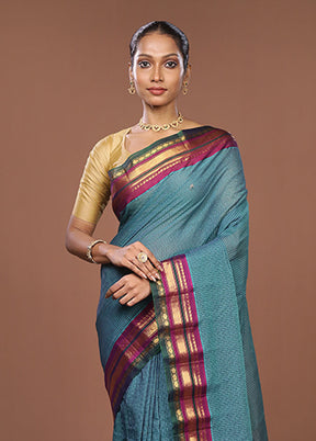 Blue Gadwal Pure Silk Saree Without Blouse Piece