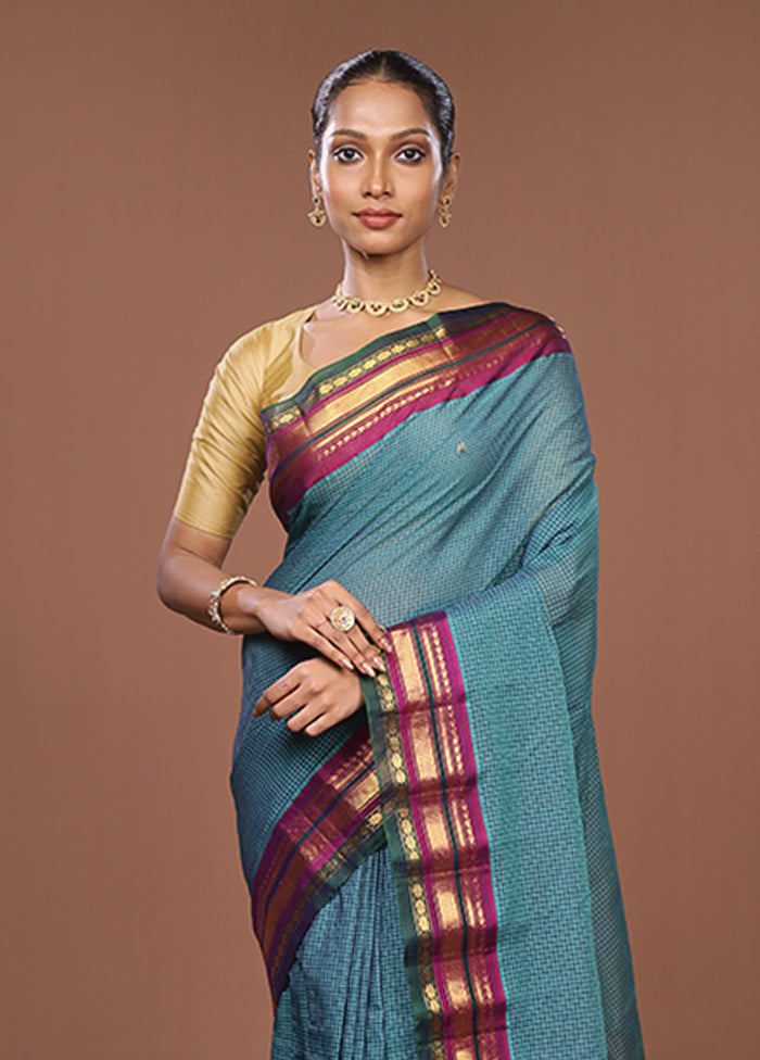 Blue Gadwal Pure Silk Saree Without Blouse Piece
