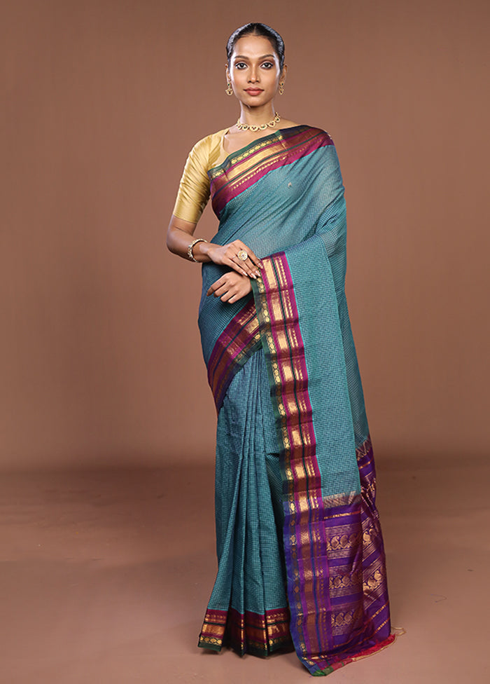 Blue Gadwal Pure Silk Saree Without Blouse Piece