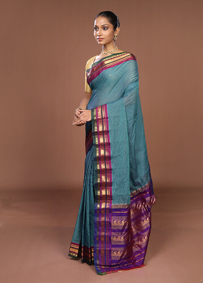 Blue Gadwal Pure Silk Saree Without Blouse Piece