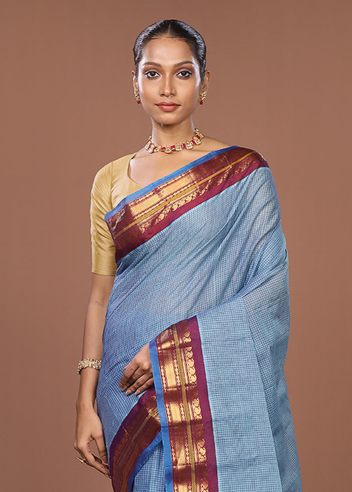 Blue Gadwal Pure Silk Saree Without Blouse Piece