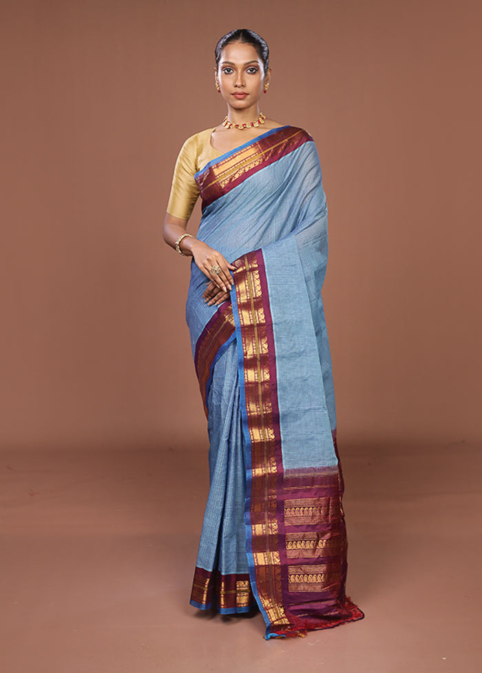 Blue Gadwal Pure Silk Saree Without Blouse Piece