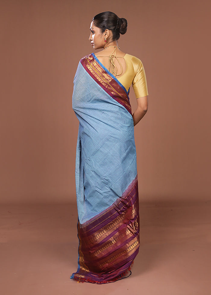 Blue Gadwal Pure Silk Saree Without Blouse Piece