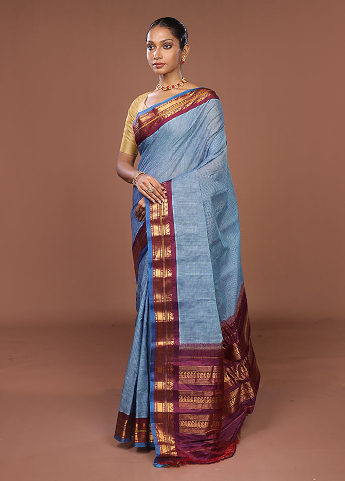 Blue Gadwal Pure Silk Saree Without Blouse Piece