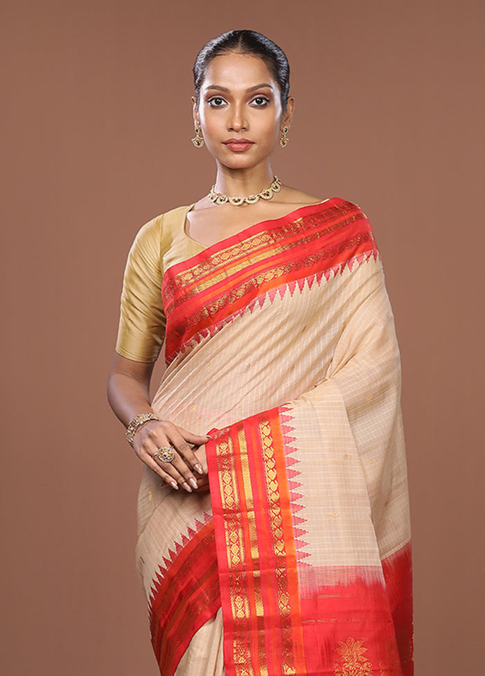 Cream Gadwal Pure Silk Saree Without Blouse Piece