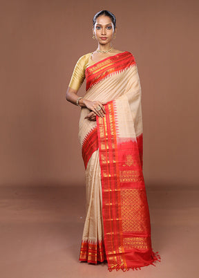 Cream Gadwal Pure Silk Saree Without Blouse Piece