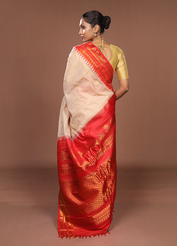 Cream Gadwal Pure Silk Saree Without Blouse Piece