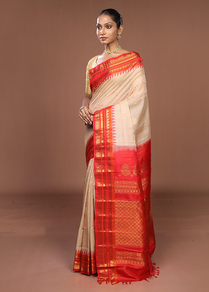 Cream Gadwal Pure Silk Saree Without Blouse Piece