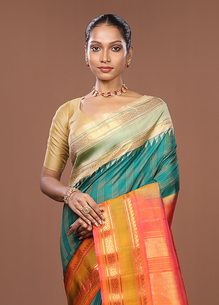 Green Gadwal Pure Silk Saree Without Blouse Piece