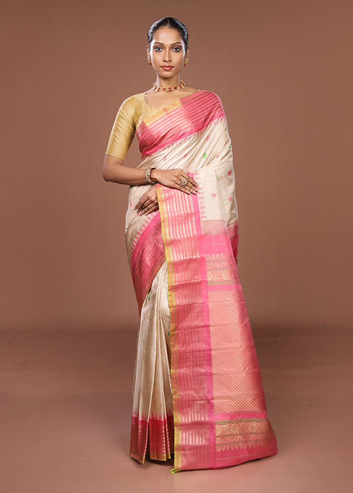 Cream Gadwal Pure Silk Saree Without Blouse Piece