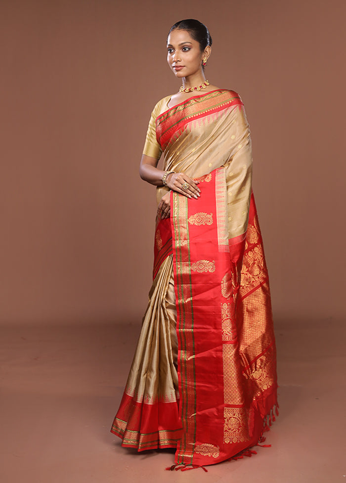 Cream Gadwal Pure Silk Saree Without Blouse Piece