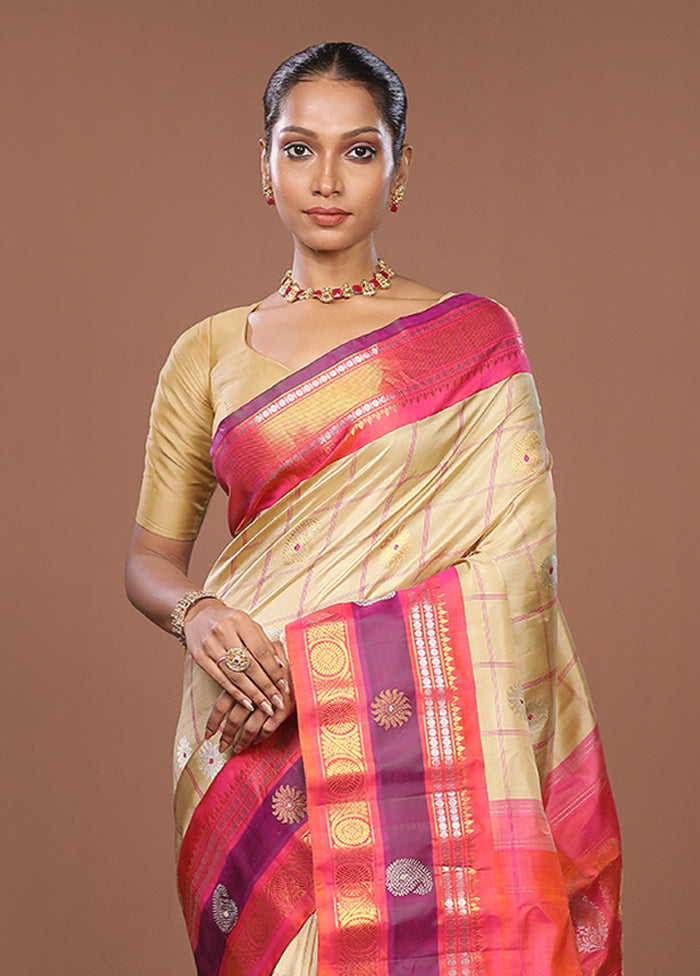 Cream Gadwal Pure Silk Saree Without Blouse Piece