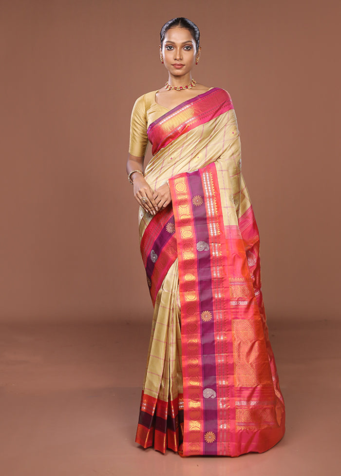 Cream Gadwal Pure Silk Saree Without Blouse Piece