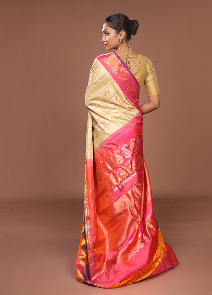 Cream Gadwal Pure Silk Saree Without Blouse Piece