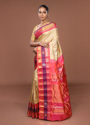 Cream Gadwal Pure Silk Saree Without Blouse Piece