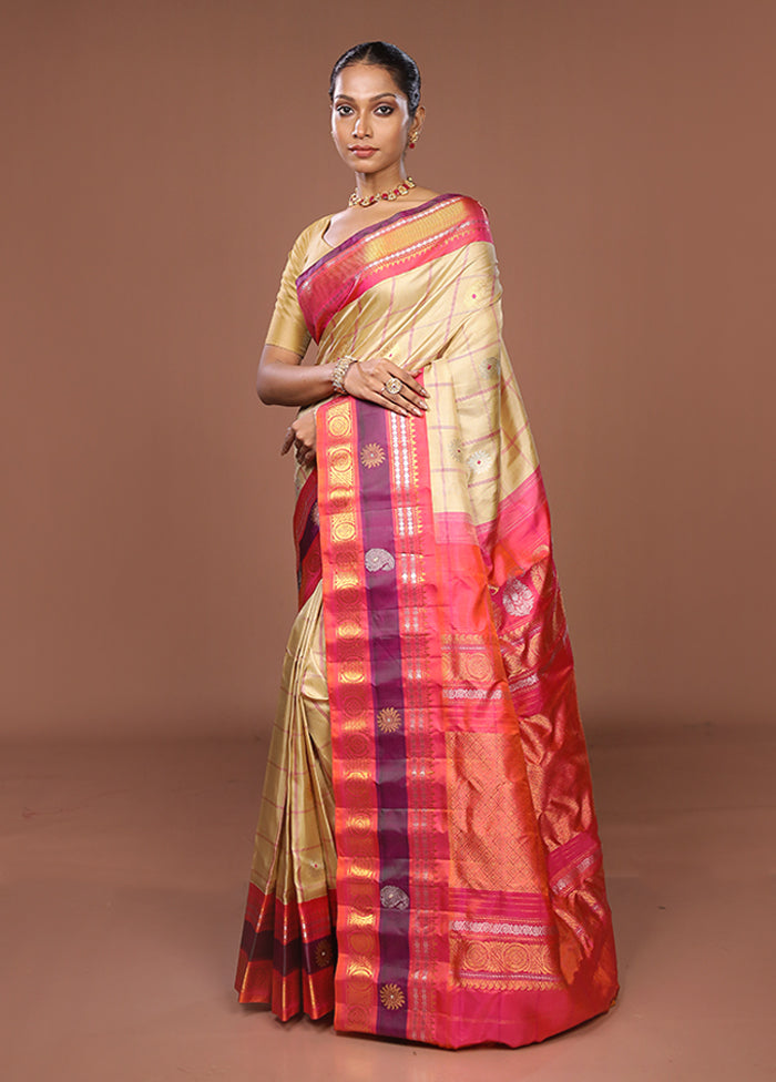 Cream Gadwal Pure Silk Saree Without Blouse Piece