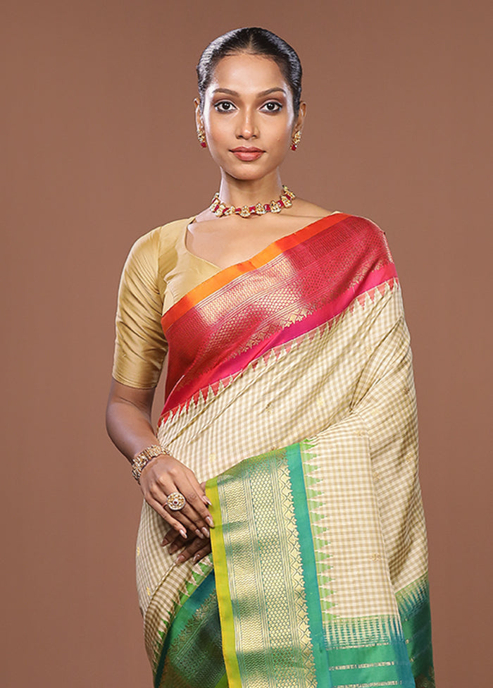 Cream Gadwal Pure Silk Saree Without Blouse Piece