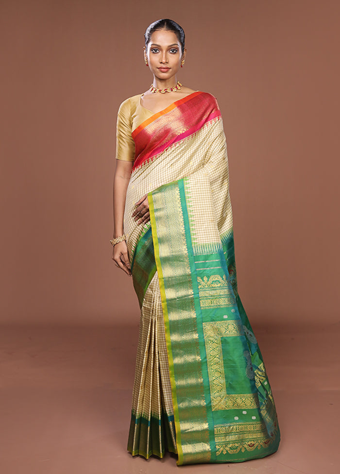 Cream Gadwal Pure Silk Saree Without Blouse Piece