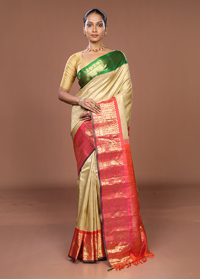 Cream Gadwal Pure Silk Saree Without Blouse Piece