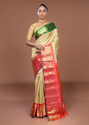 Cream Gadwal Pure Silk Saree Without Blouse Piece