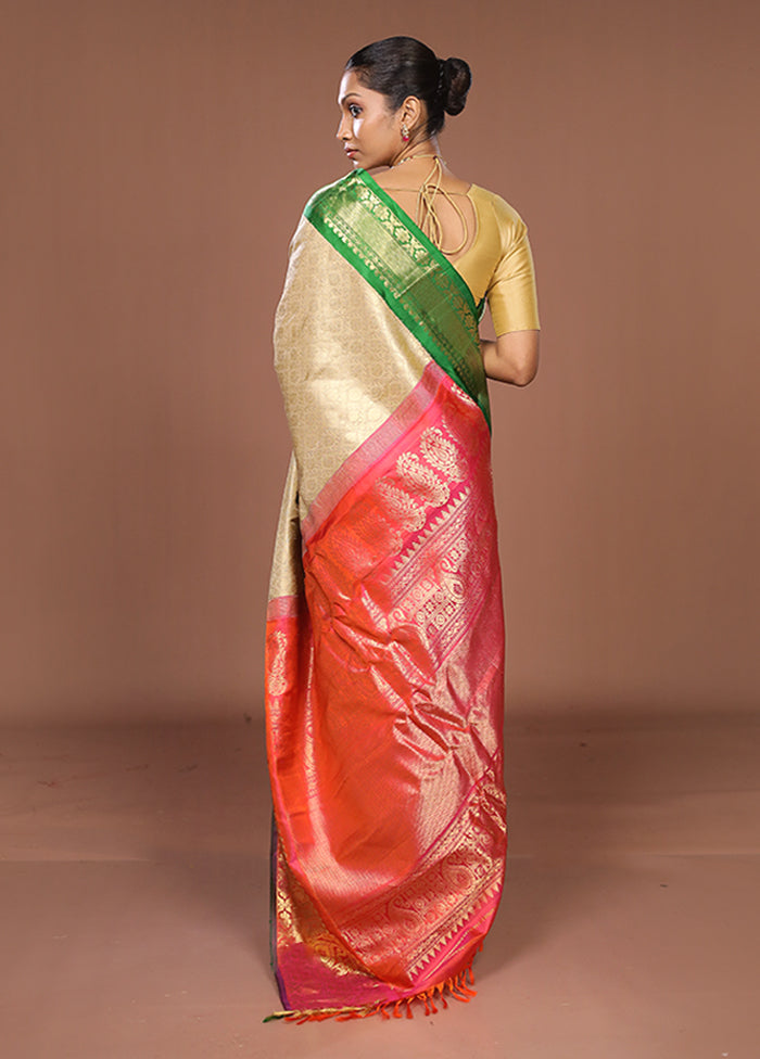 Cream Gadwal Pure Silk Saree Without Blouse Piece