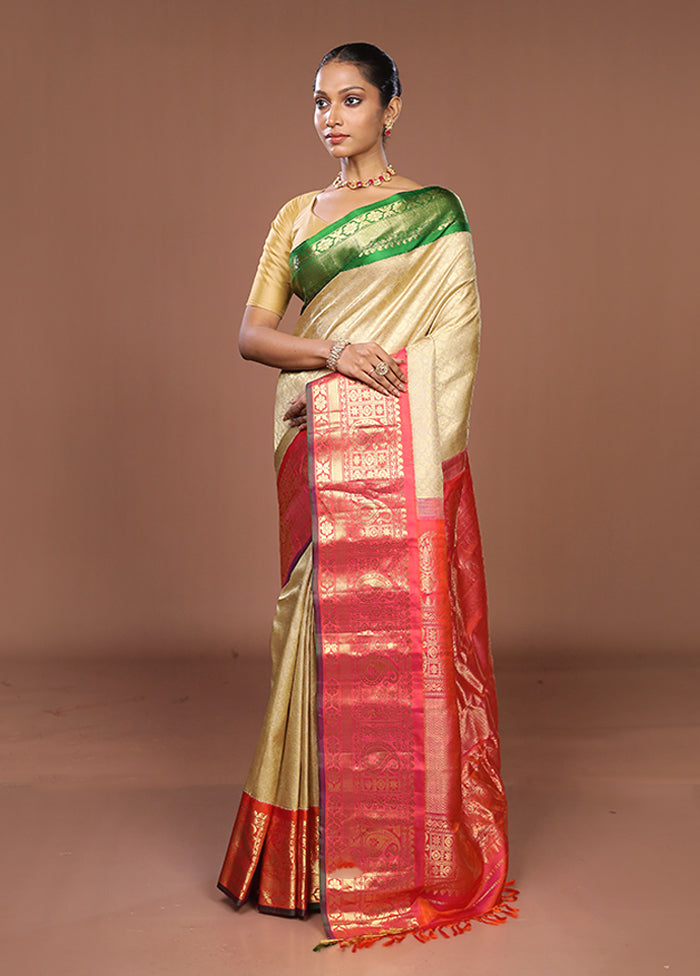 Cream Gadwal Pure Silk Saree Without Blouse Piece