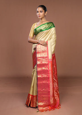 Cream Gadwal Pure Silk Saree Without Blouse Piece