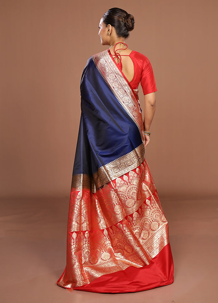 Blue Banarasi Silk Saree With Blouse Piece