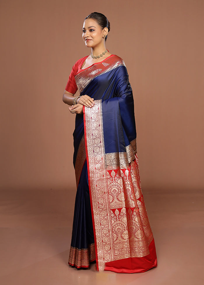 Blue Banarasi Silk Saree With Blouse Piece