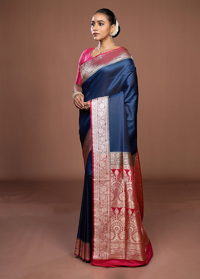 Blue Banarasi Silk Saree With Blouse Piece