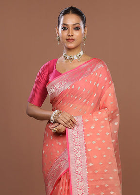 Peach Kora Silk Saree With Blouse Piece