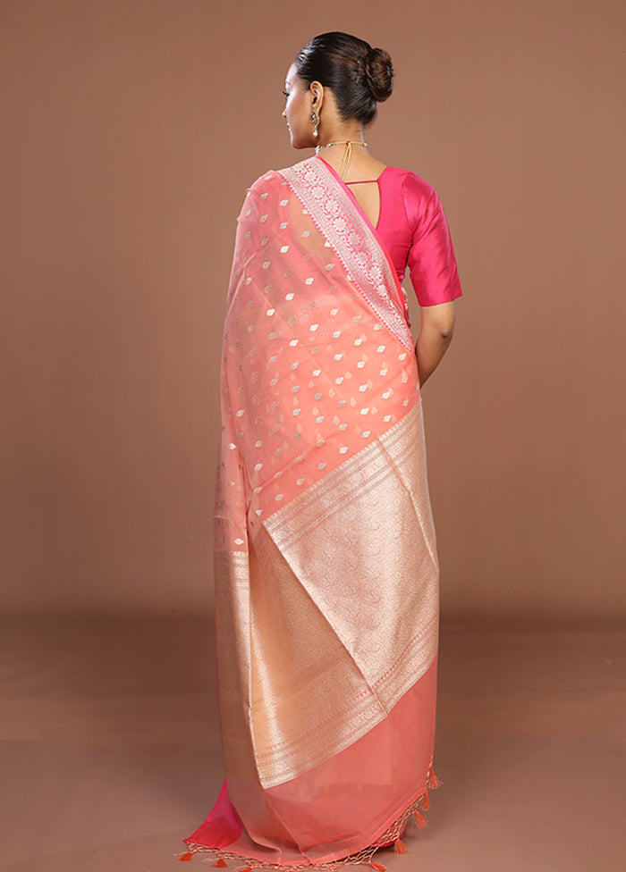 Peach Kora Silk Saree With Blouse Piece