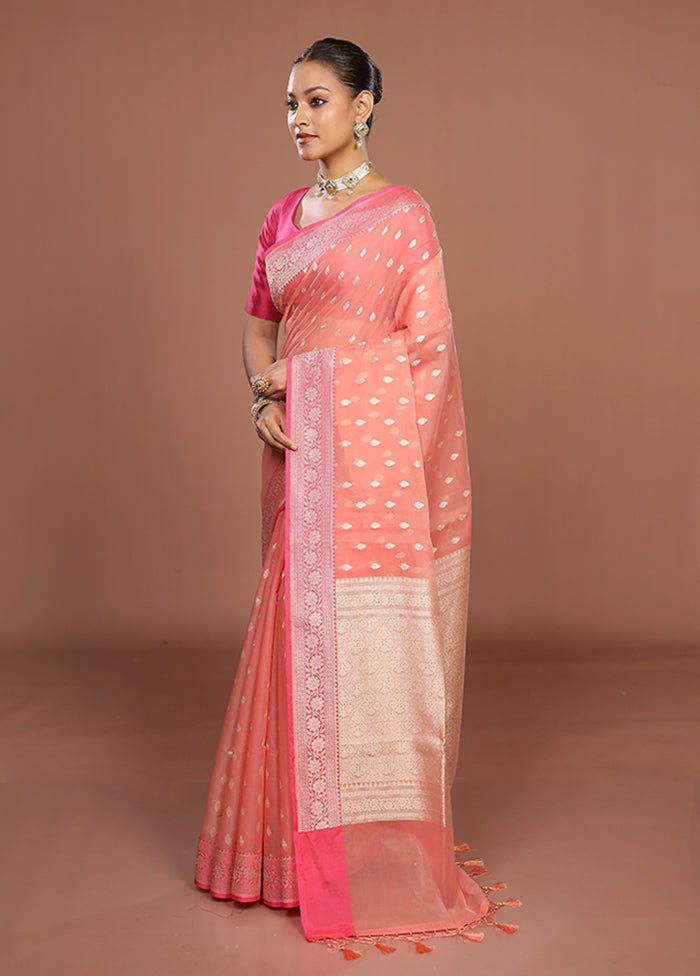 Peach Kora Silk Saree With Blouse Piece