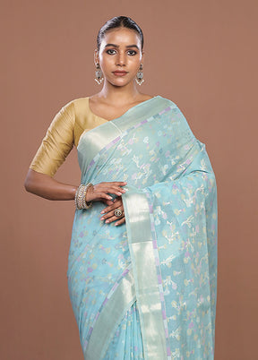 Blue Kora Silk Saree With Blouse Piece