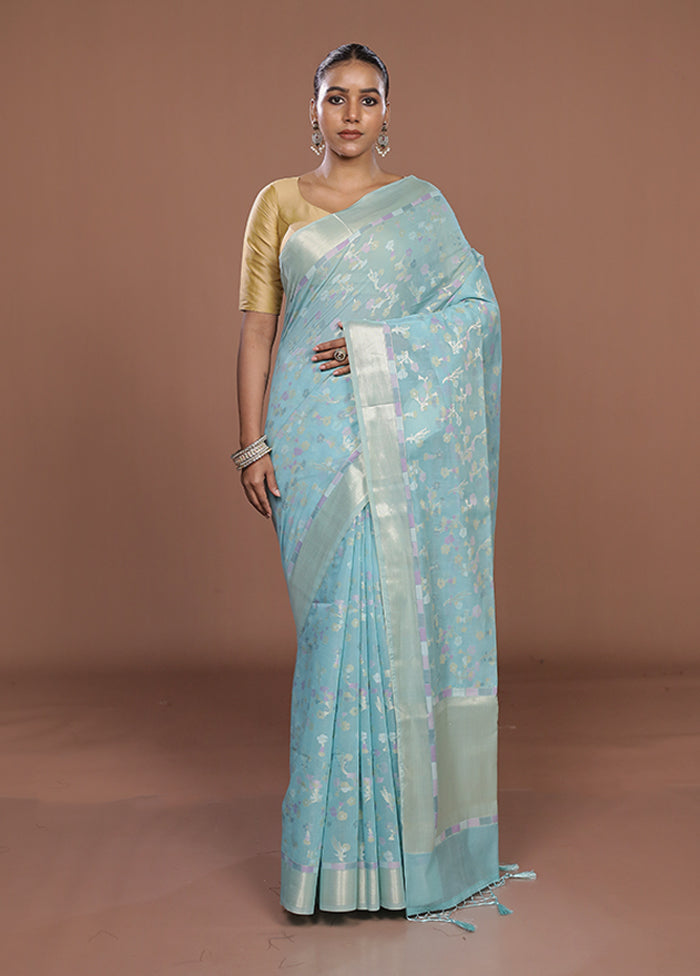 Blue Kora Silk Saree With Blouse Piece