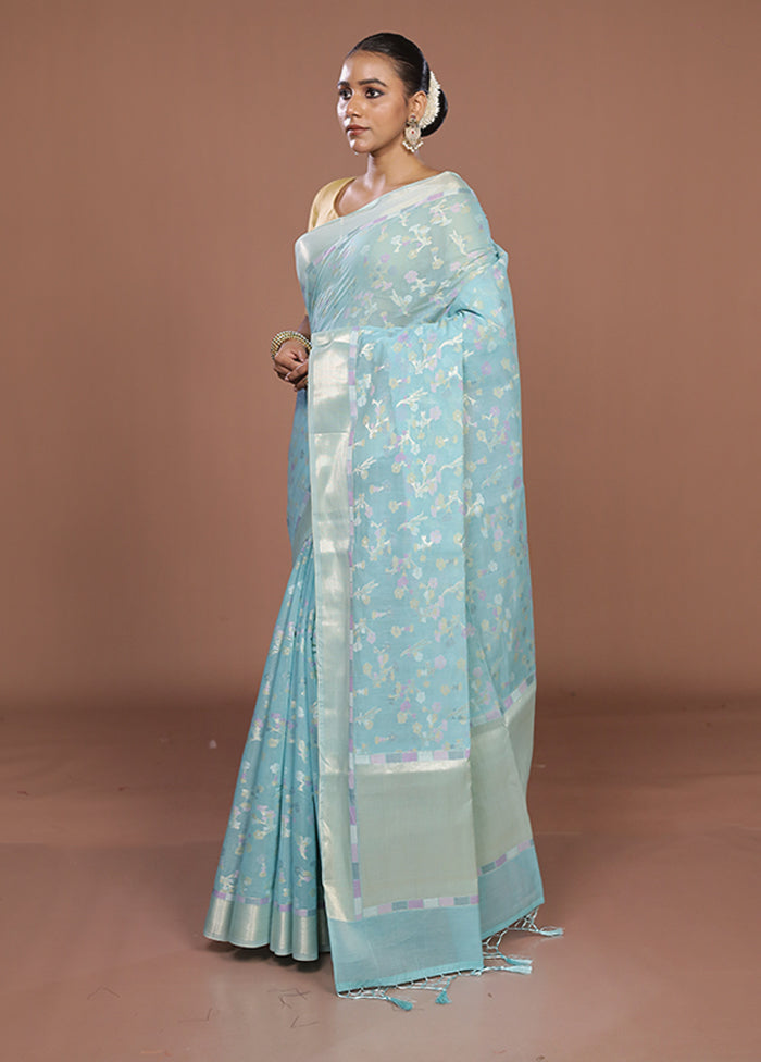 Blue Kora Silk Saree With Blouse Piece