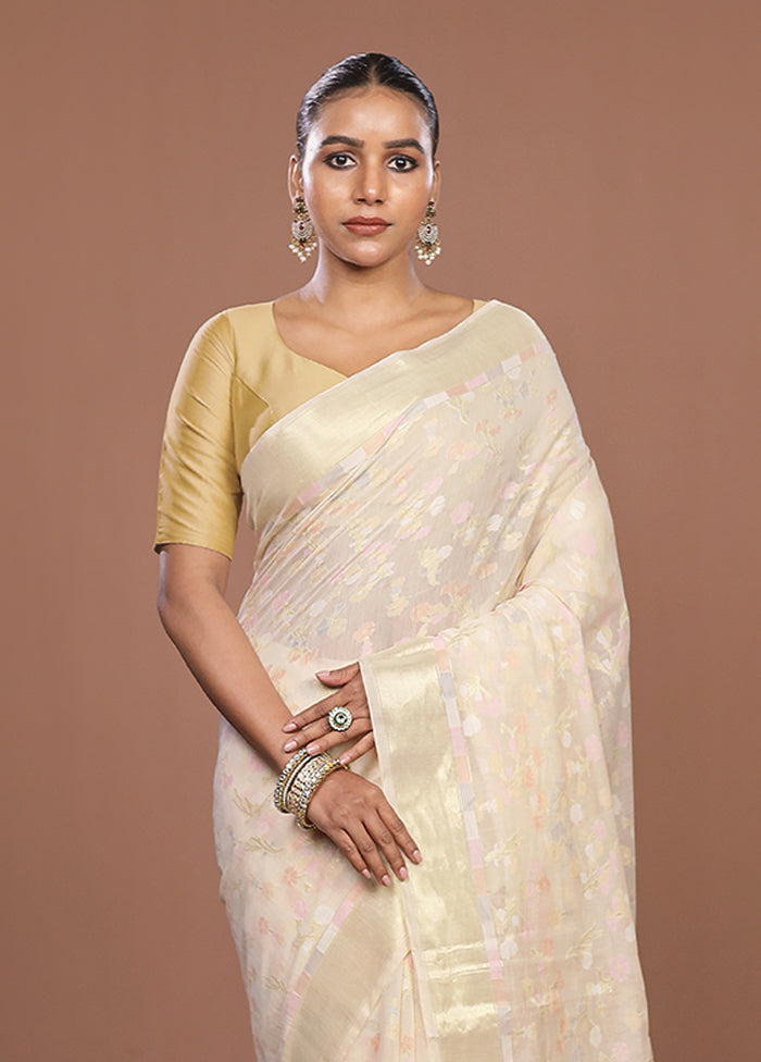Cream Kora Silk Saree With Blouse Piece