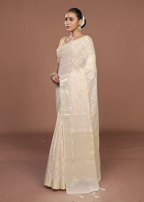 Cream Kora Silk Saree With Blouse Piece