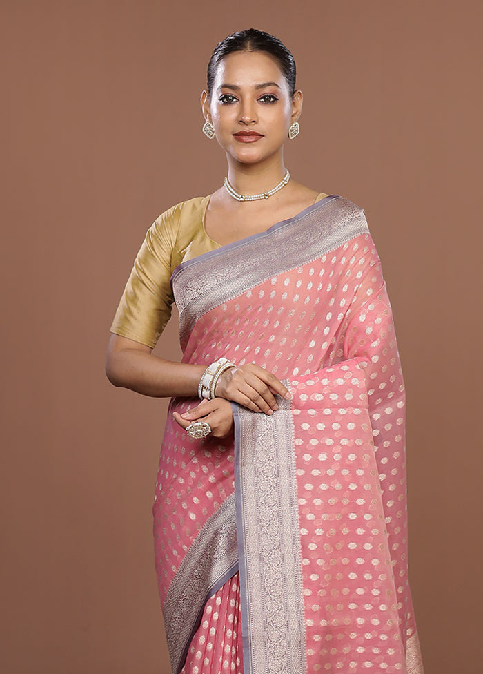 Pink Kora Silk Saree With Blouse Piece