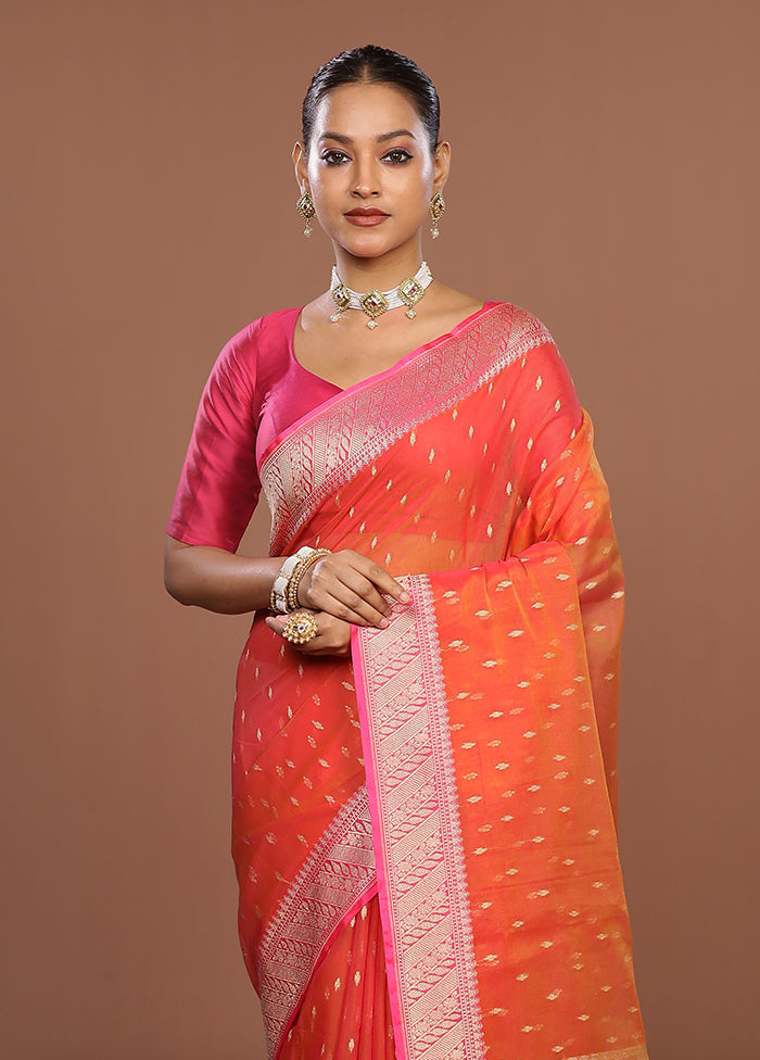 Orange Kora Silk Saree With Blouse Piece