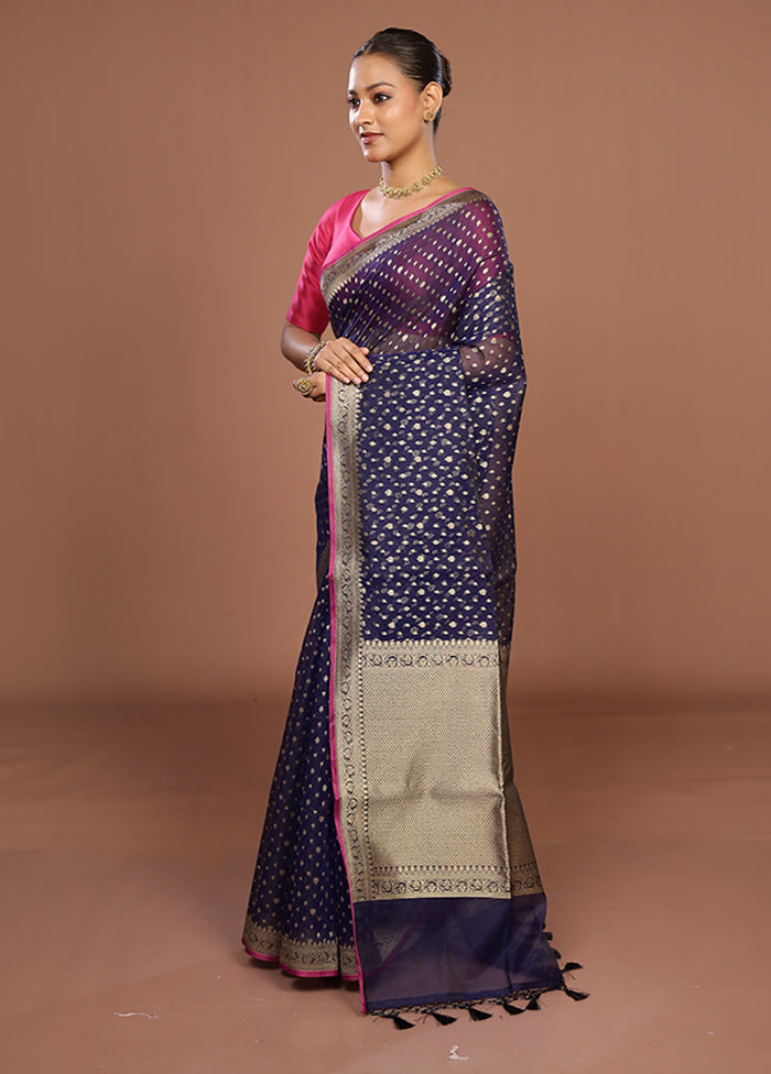 Blue Kora Silk Saree With Blouse Piece